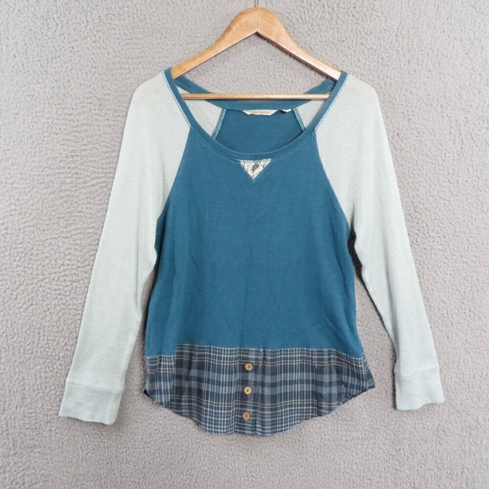 Soft Surroundings Top Small Tunic Raglan Sleeve Blue Scoop Neck Plaid Pullover‎